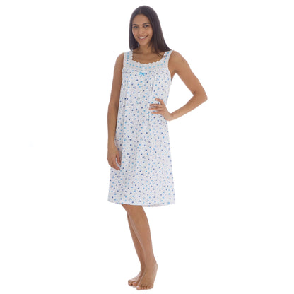 Cottonique Sleeveless Floral Nightdress - White/Blue Cottonique