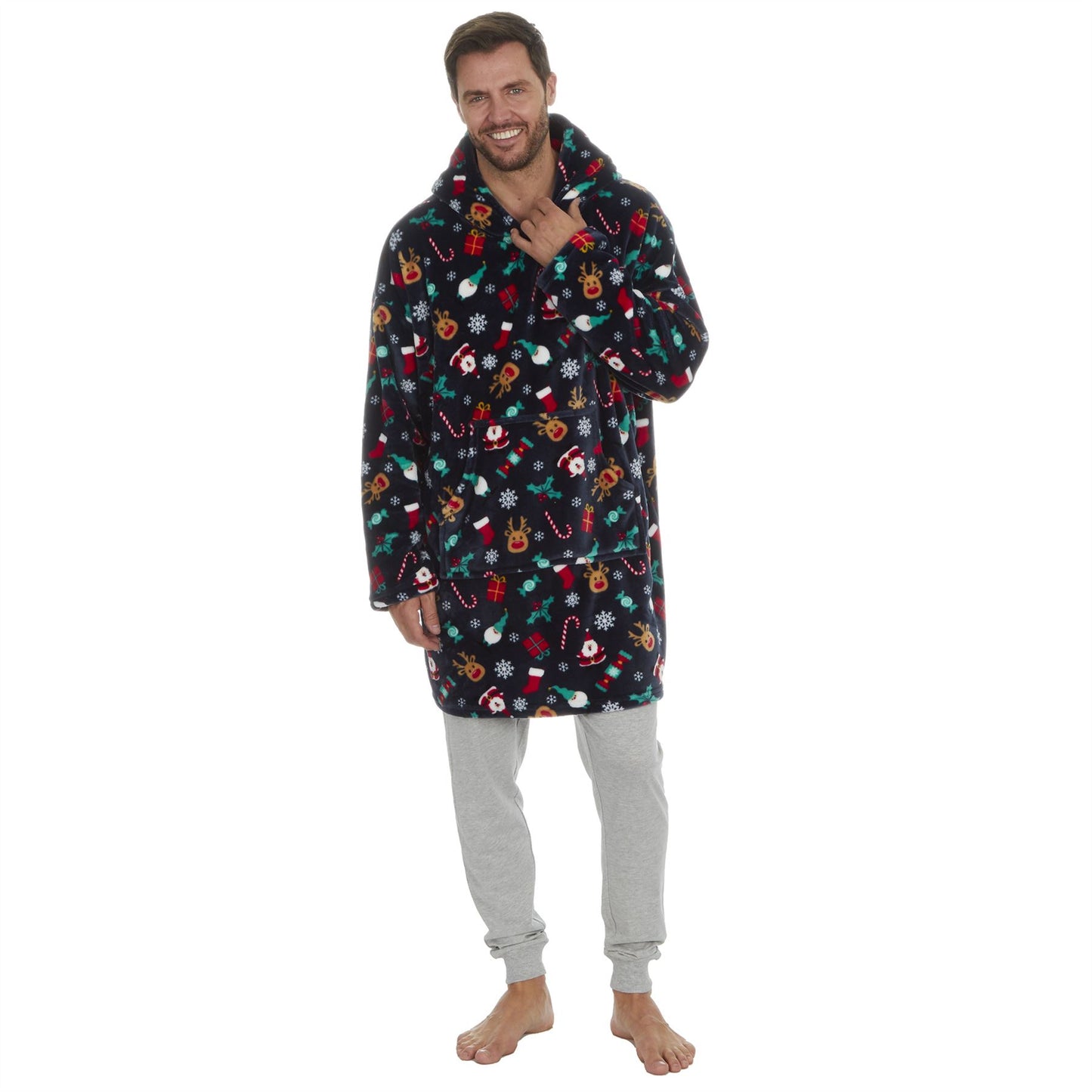 Slumber Party Unisex Christmas Print Oversized Fleece Hoodie - Navy