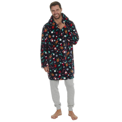 Slumber Party Unisex Christmas Print Oversized Fleece Hoodie - Navy