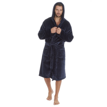 Pierre Roche Mens Vertical Clipped Fleece Hooded Robe - Navy