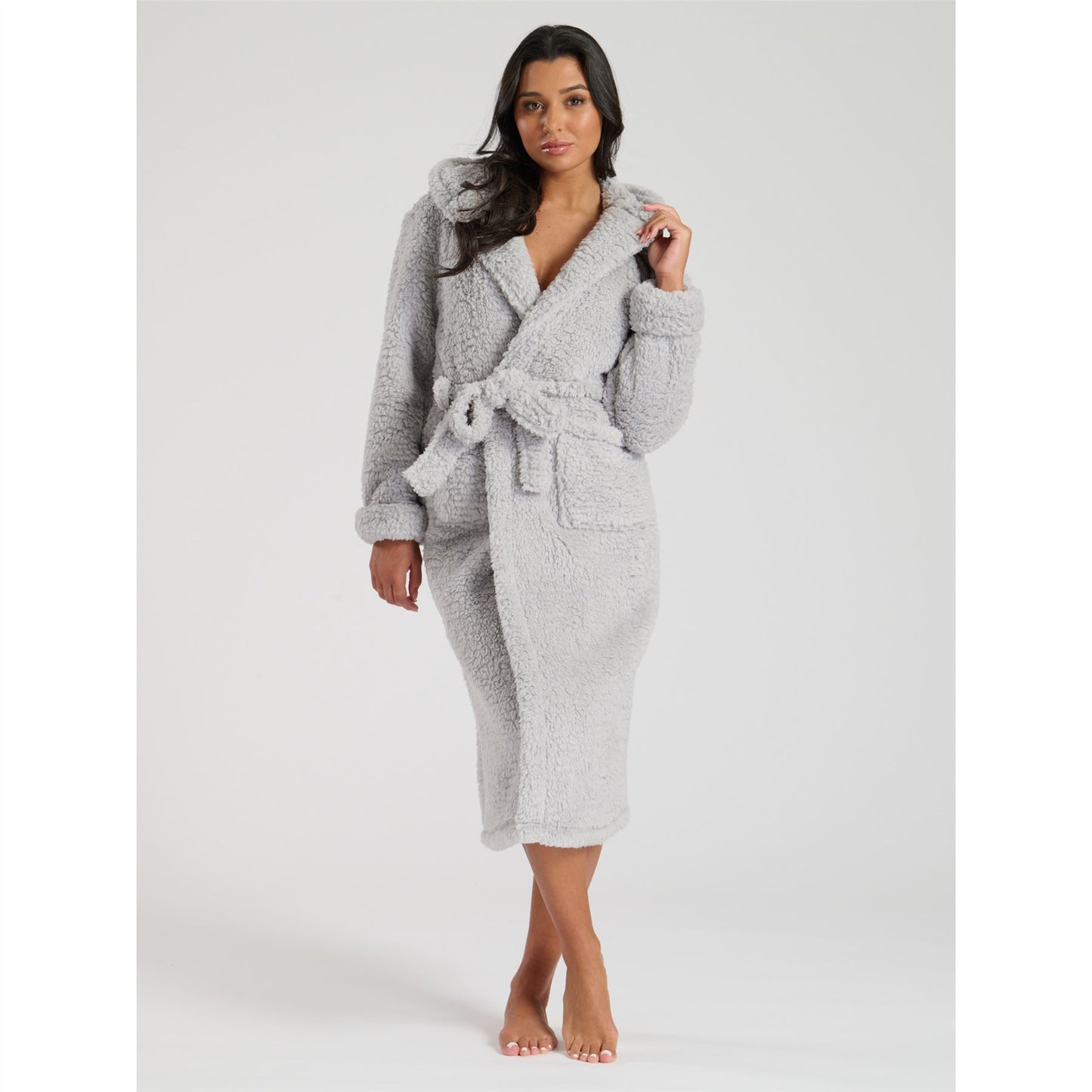 Loungeable Chunky Sherpa Hooded Midi Robe - Grey