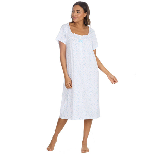 Cottonique Short Sleeve Floral Nightdress - White/Blue Cottonique