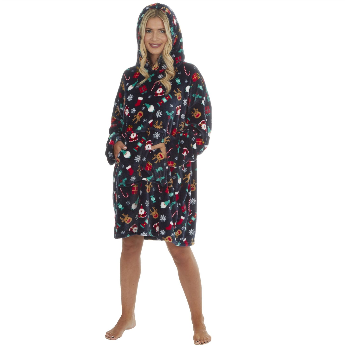 Slumber Party Unisex Christmas Print Oversized Fleece Hoodie - Navy