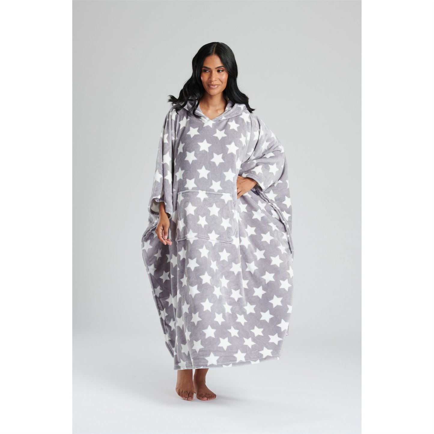 Loungeable Womens Star Long Luxury Fleece Hooded Poncho - Grey