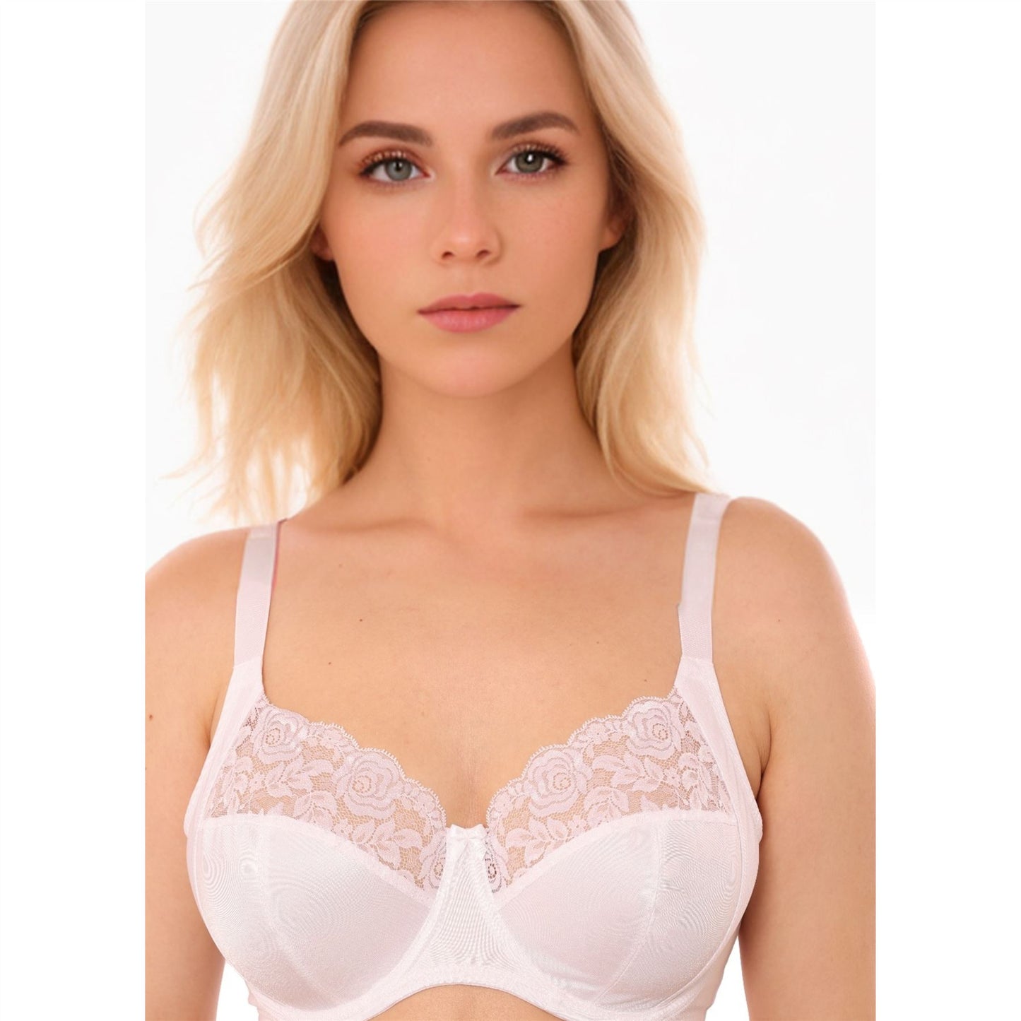 Gemm Full Cup Satin Floral Lace Bra - White