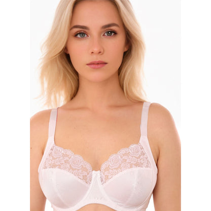 Gemm Full Cup Satin Floral Lace Bra - White