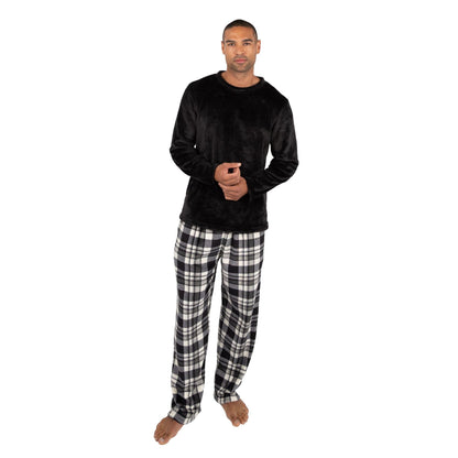 Cargo Bay Mens Crew Neck Fleece Pyjamas - Black Check Cargo Bay