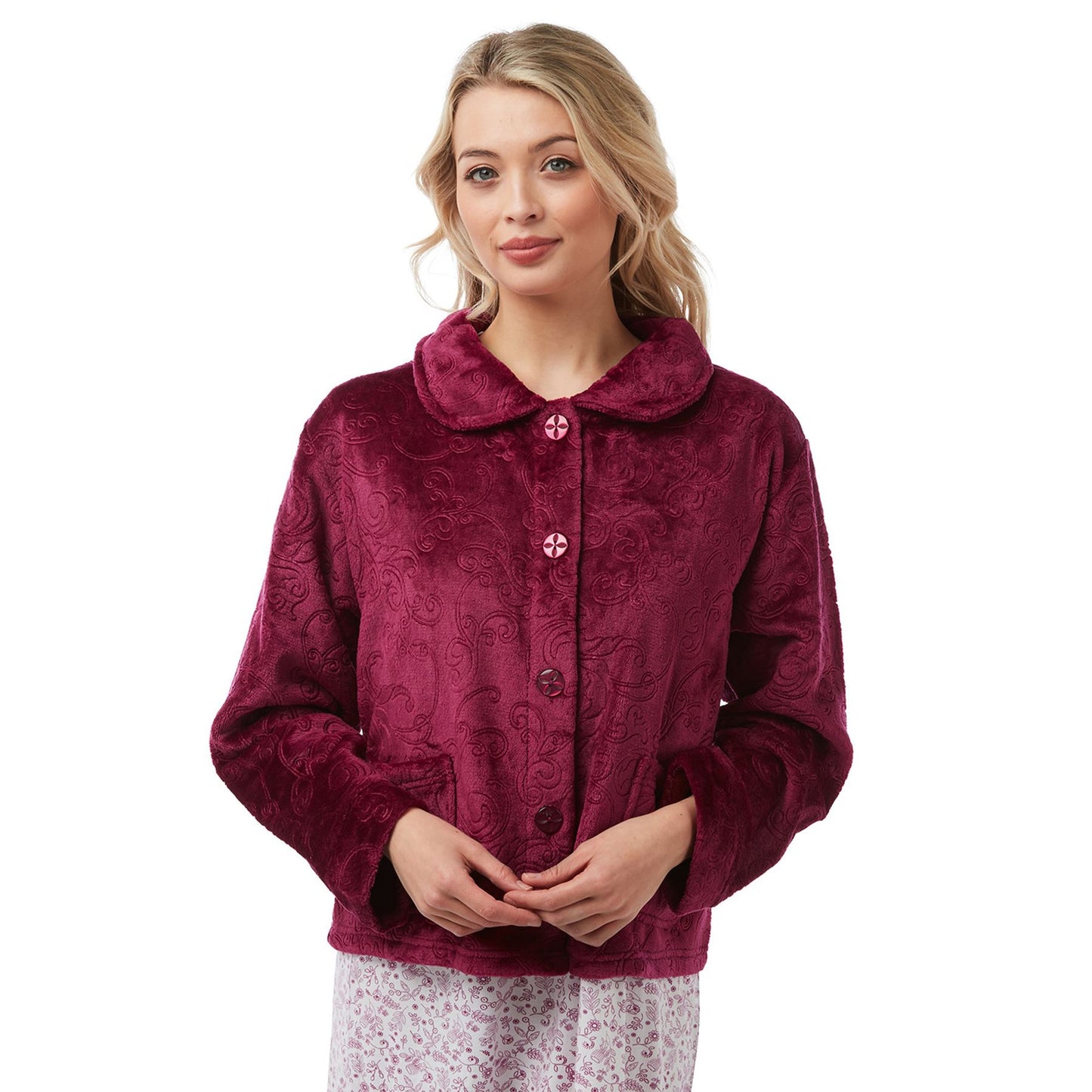 Lady Olga Button Through Embossed Bedjacket - Rose