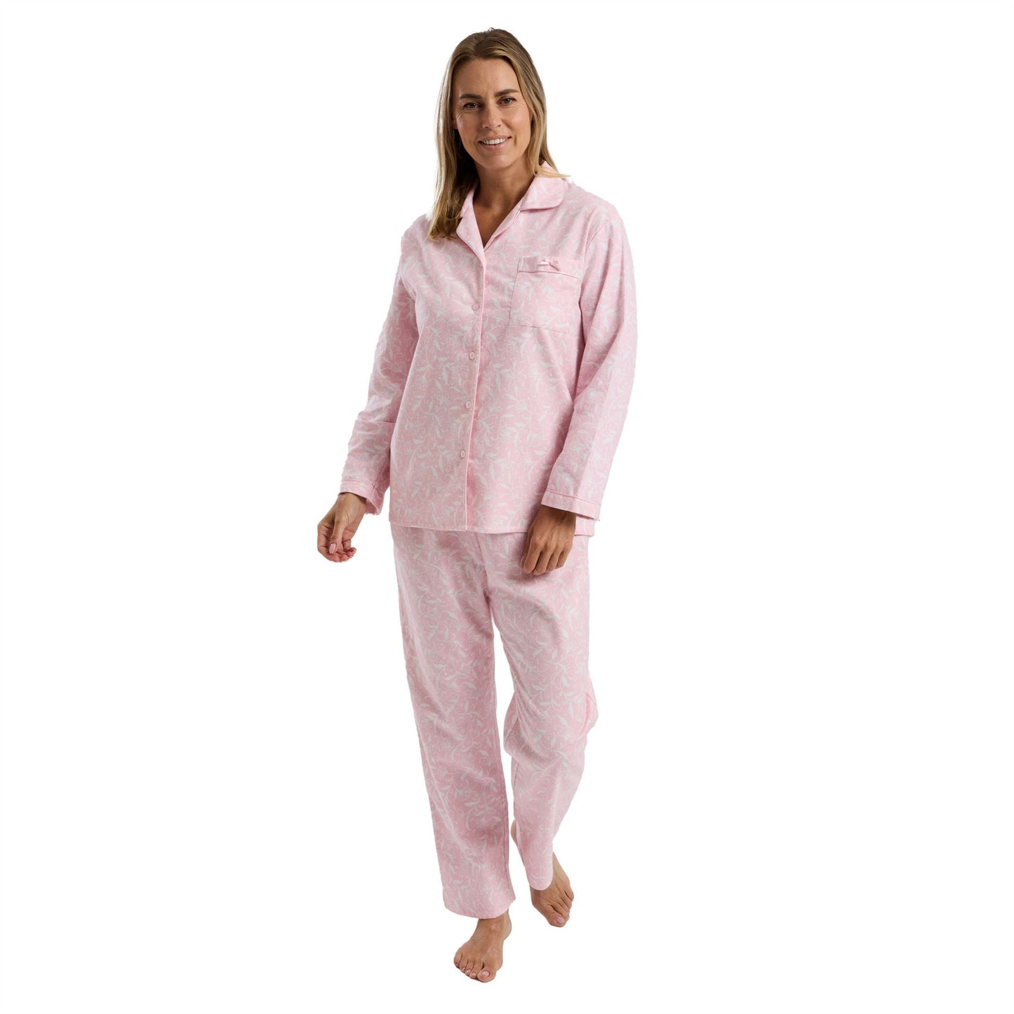 Marlon Womens Floral Brushed Cotton Pyjamas - Pink/White