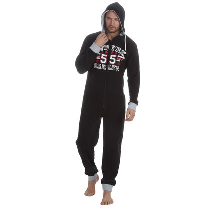Onezee Mens Distressed Logo Print Microfleece Onesie - Black