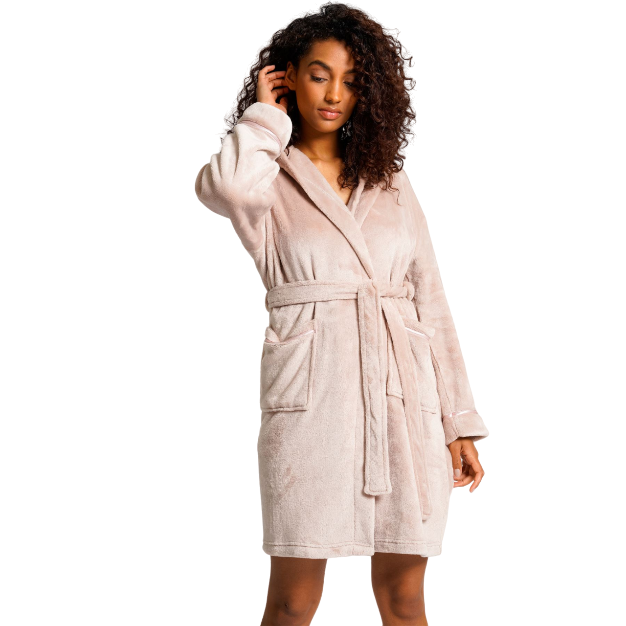 Loungeable Womens Satin Trim Fleece Hooded Robe - Mink
