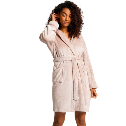 Loungeable Womens Satin Trim Fleece Hooded Robe - Mink