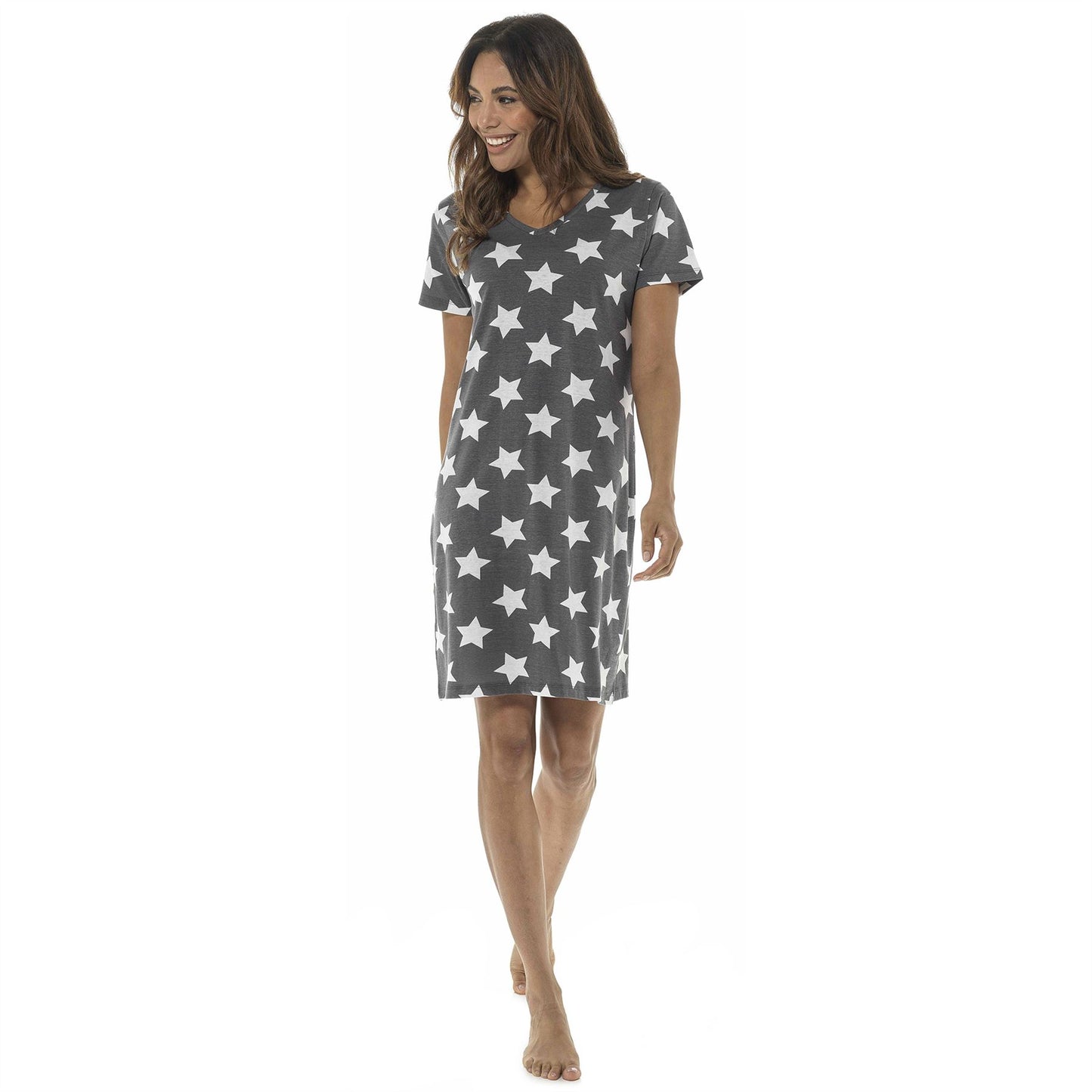 Foxbury Womens Jersey Star Print Nightdress - Grey Marl
