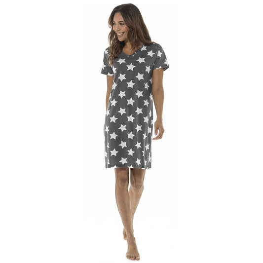 Foxbury Womens Jersey Star Print Nightdress - Grey Marl
