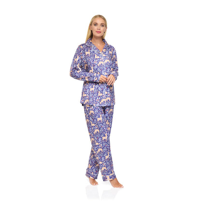 La Marquise Womens Jersey Knit Button Through Winter Fawn Pyjamas - Blue