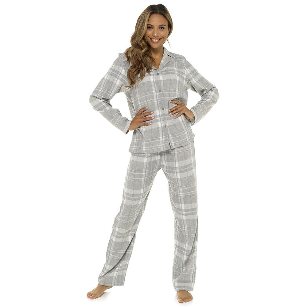 Foxbury Womens Check Print Button Through Pyjamas - Grey Foxbury