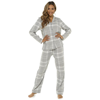 Foxbury Womens Check Print Button Through Pyjamas - Grey Foxbury