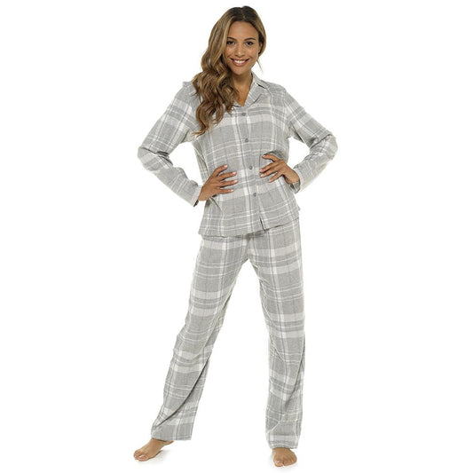 Foxbury Womens Check Print Button Through Pyjamas - Grey Foxbury