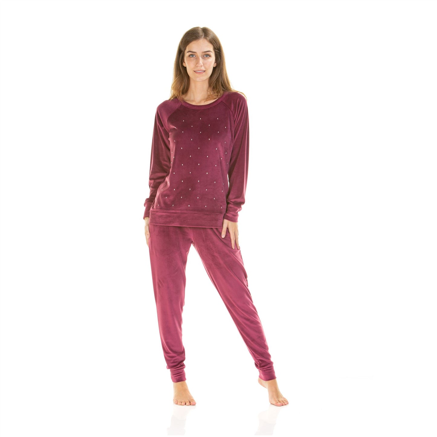 La Marquise Womens Velour Lounge Diamond Front Pyjamas - Plum