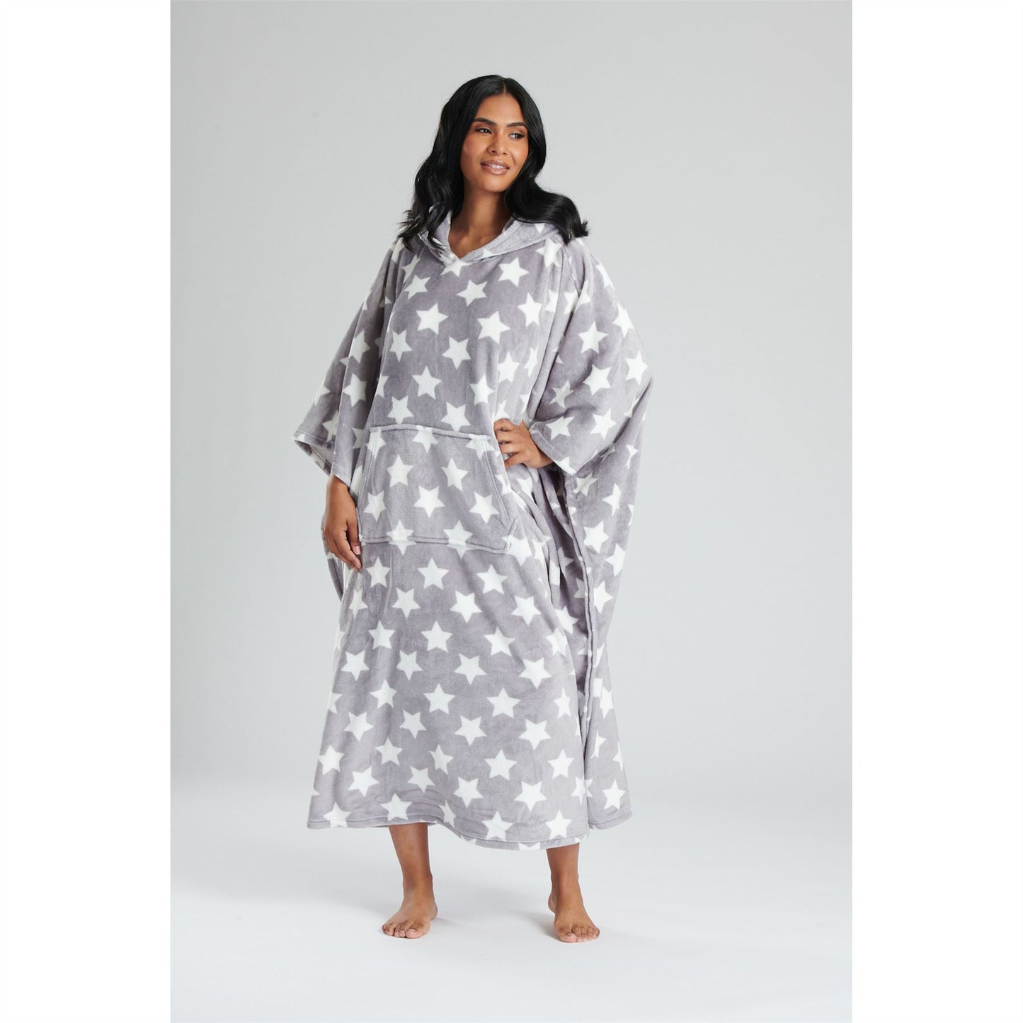 Loungeable Womens Star Long Luxury Fleece Hooded Poncho - Grey