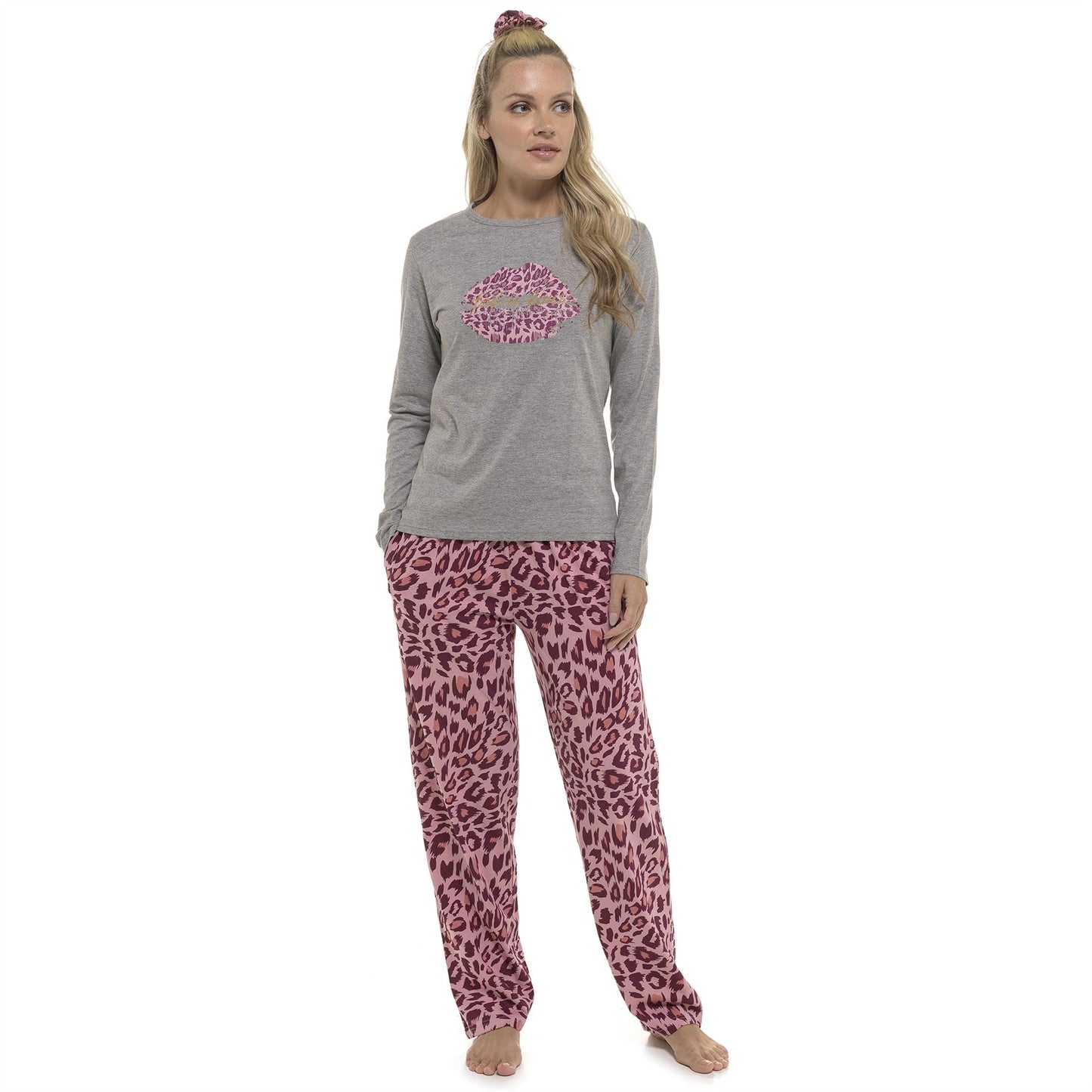 Follow That Dream Womens Leopard Print Fab-u-lous Pyjamas - Grey/Pink