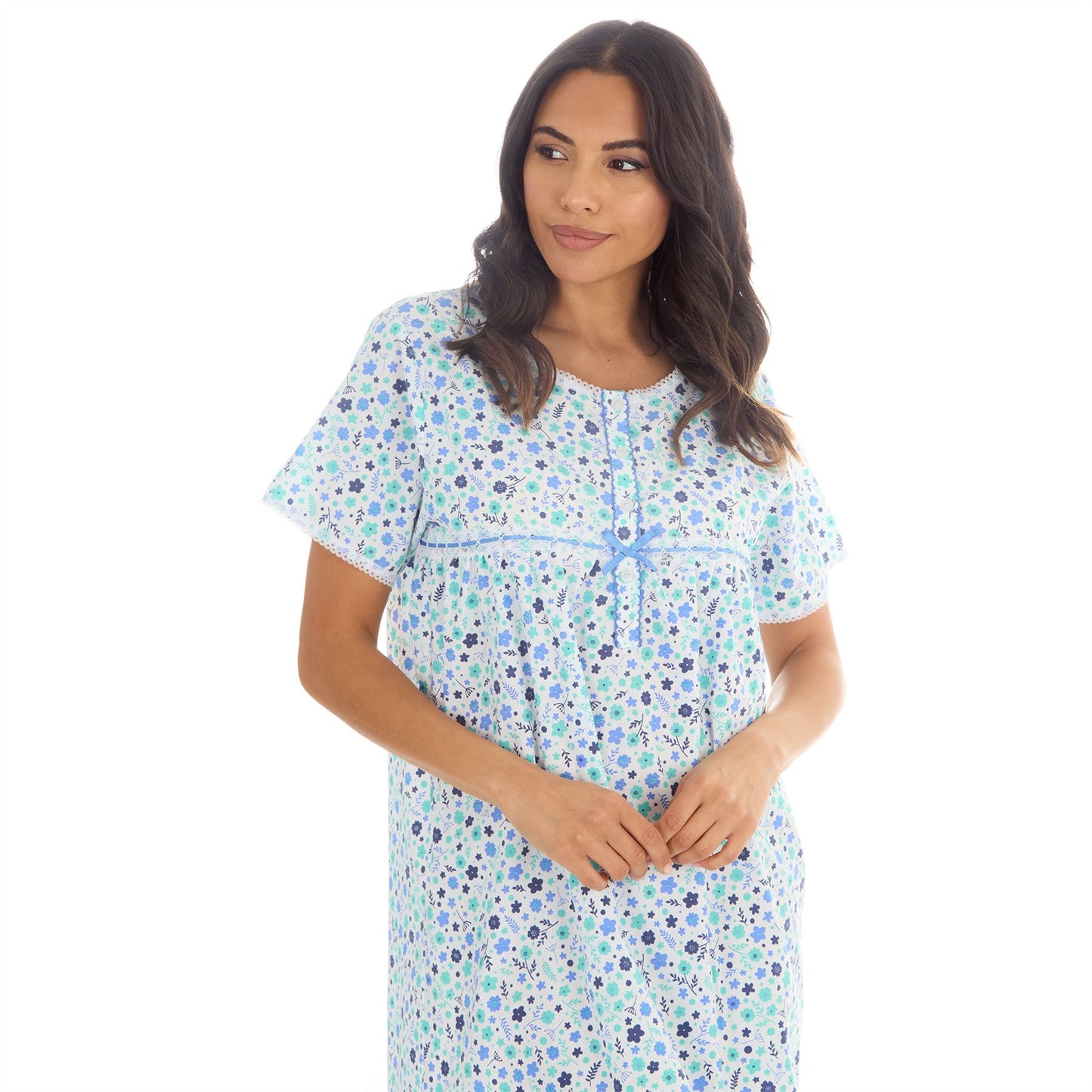 Countess Christie Short Sleeve Woven Poplin Floral Nightdress - Blue/Mint