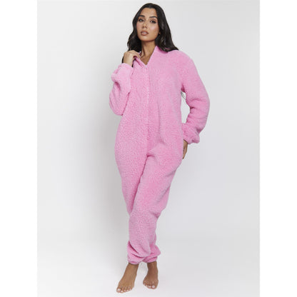 Loungeable Womens Sherpa Fleece Teddy Bear Onesie - Hot Pink