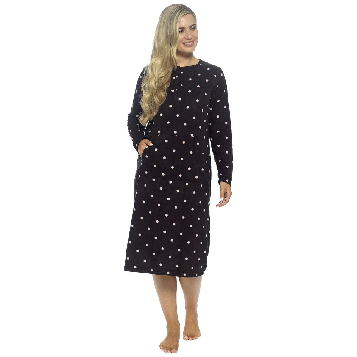 Wolf and Harte Womens Fleece Button Placket Nightdress - Black Spots Wolf and Harte
