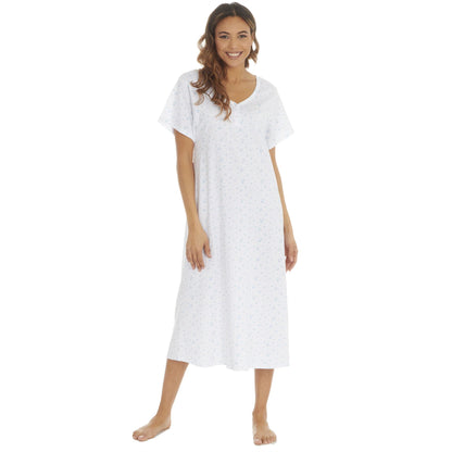 Cottonique Short Sleeve Floral Nightdress - White/Blue