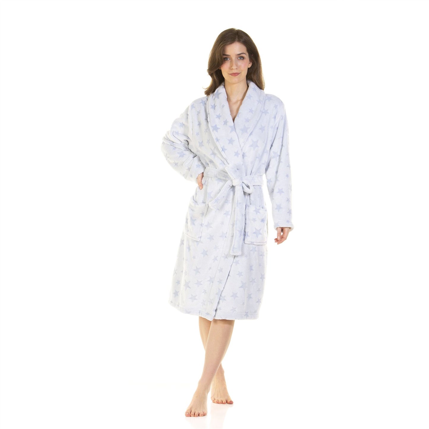 La Marquise Womens Supersoft Fleece Robe - Blue Stars
