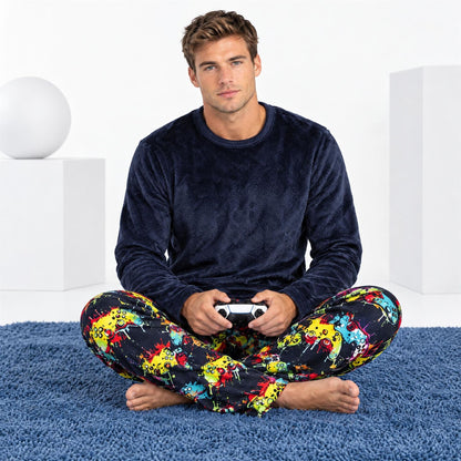 Cargo Bay Mens Crew Neck Fleece Pyjamas - Navy Check Cargo Bay