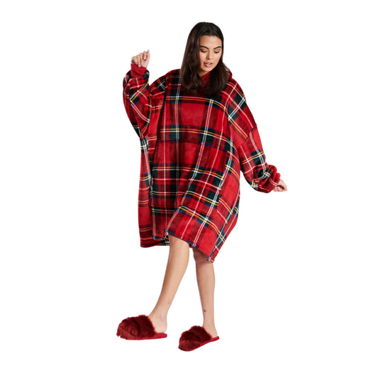 Loungeable Womens Tartan Sherpa Lined Fleece Poncho - Red Check