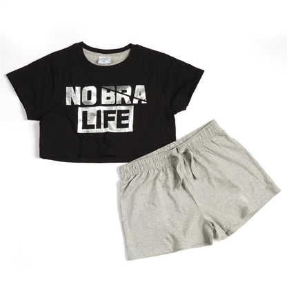 Forever Dreaming Womens 'No Bra Life' Crop Top/Shorts - Black/Grey