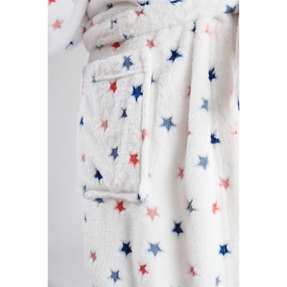 Loungeable Womens Star Embossed Fleece Hooded Robe - White/Multi