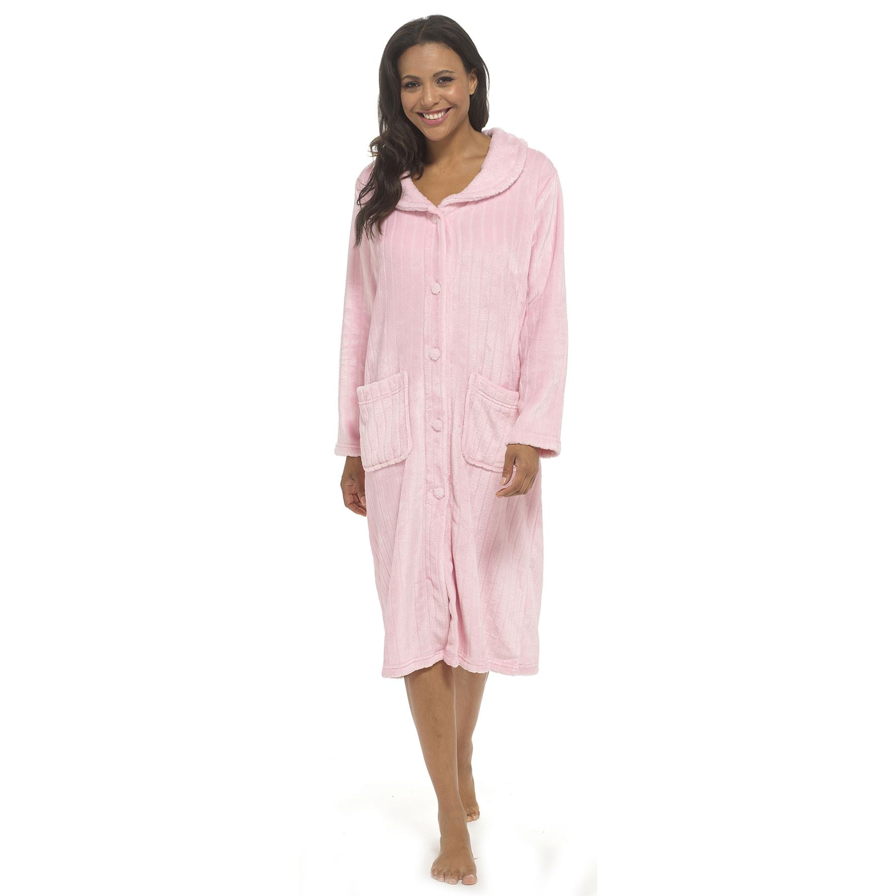 Wolf and Harte Womens Soft Touch Flannel Cut Button Robe - Pink Wolf and Harte