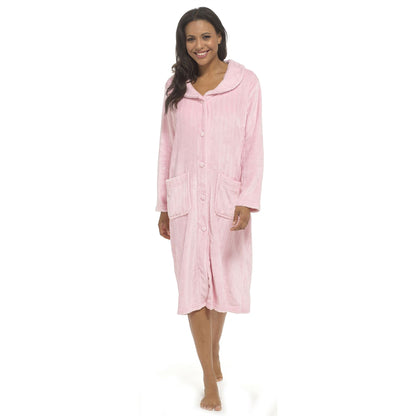 Wolf and Harte Womens Soft Touch Flannel Cut Button Robe - Pink Wolf and Harte