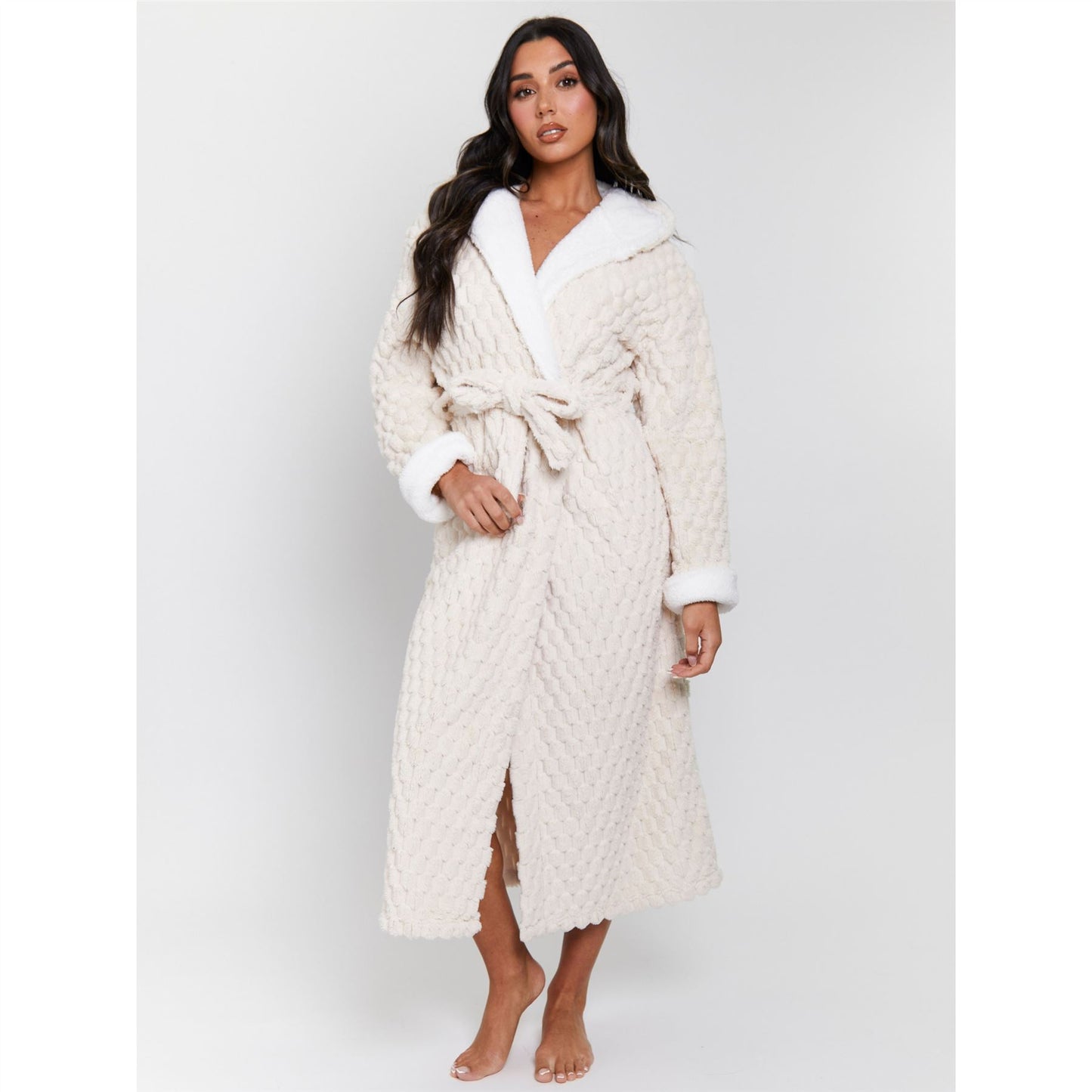 Loungeable Luxury Geometric Fleece Hooded Maxi Robe - Cream