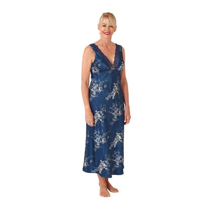 Marlon Womens Long Floral Satin Nightdress - Ocean Blue