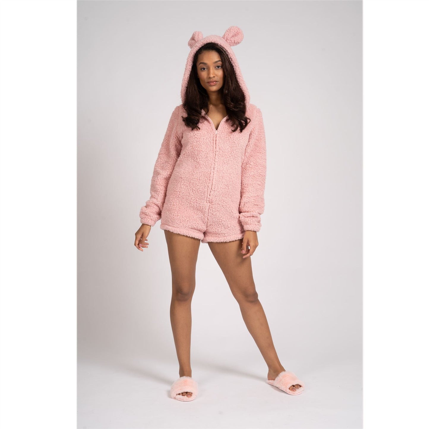 Loungeable Womens Teddy Sherpa Fleece Romper Onesie - Pink