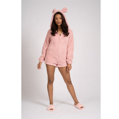 Loungeable Womens Teddy Sherpa Fleece Romper Onesie - Pink