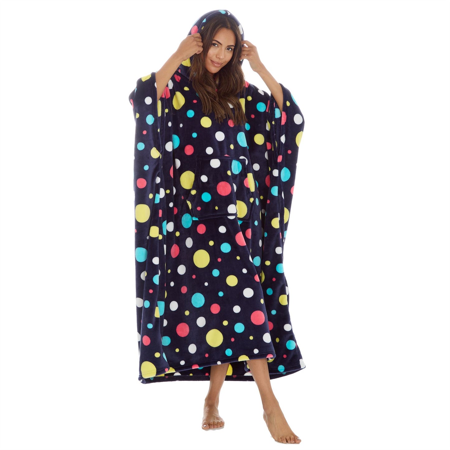 Huggable Hoodie Womens Fleece Oversized Poncho - Navy Spots