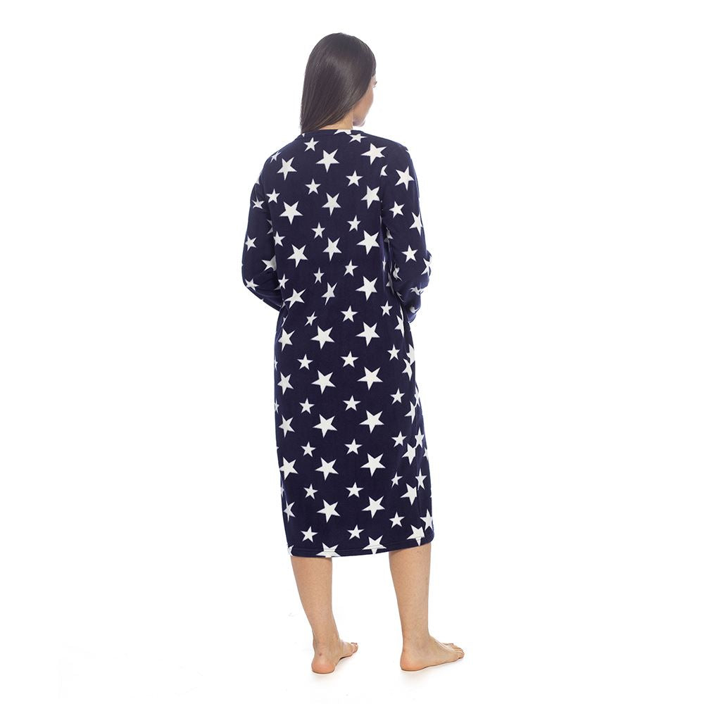 Wolf and Harte Womens Fleece Button Placket Nightdress - Navy Stars