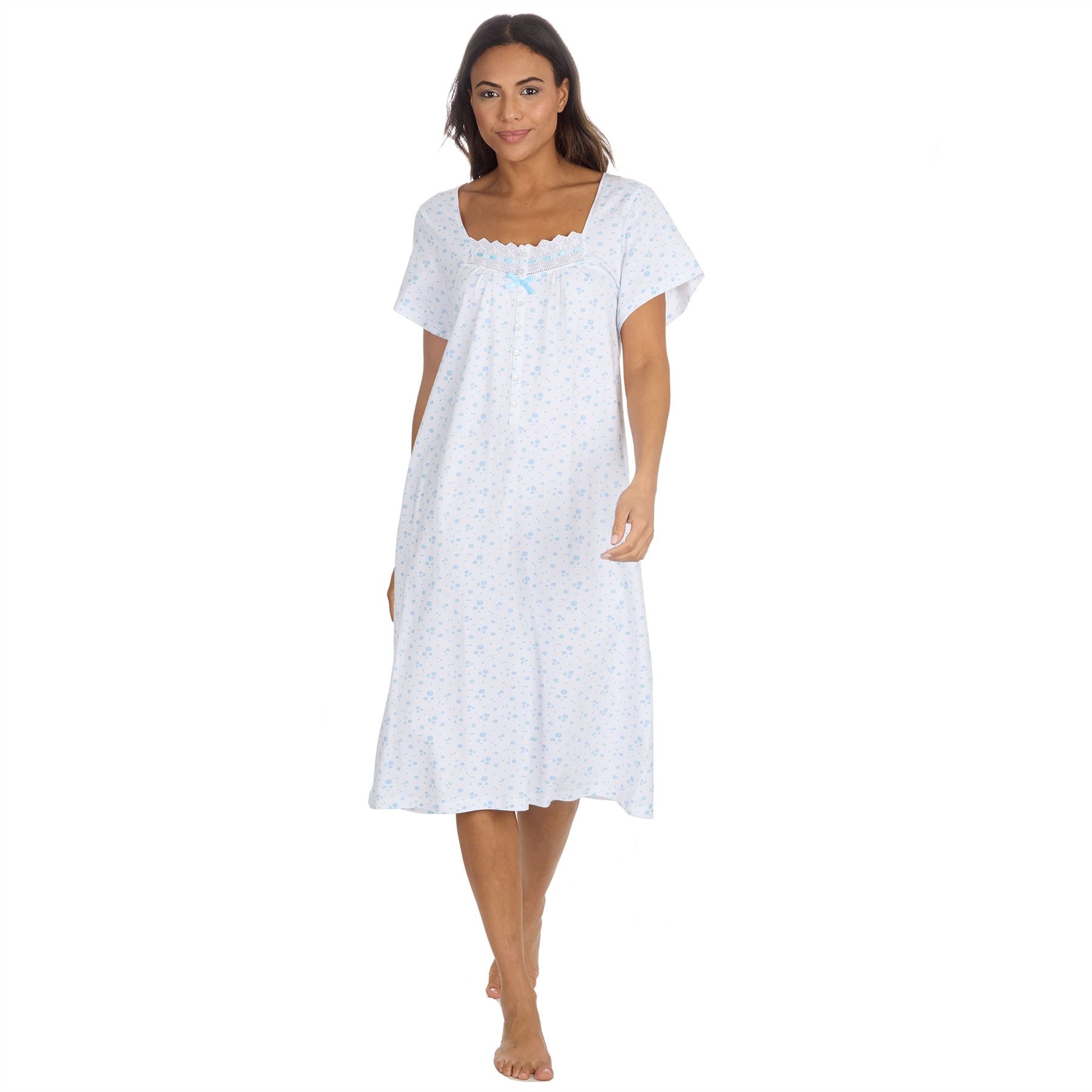 Cottonique Short Sleeve Floral Nightdress - White/Blue Cottonique