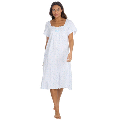 Cottonique Short Sleeve Floral Nightdress - White/Blue Cottonique