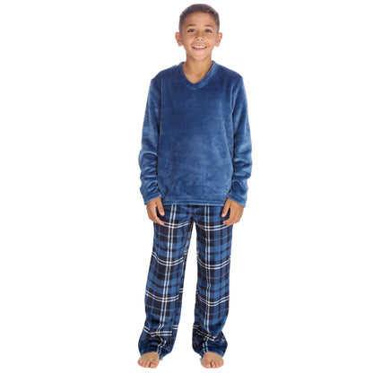 Cargo Bay Kids Fleece Pyjamas - Denim/Denim Check