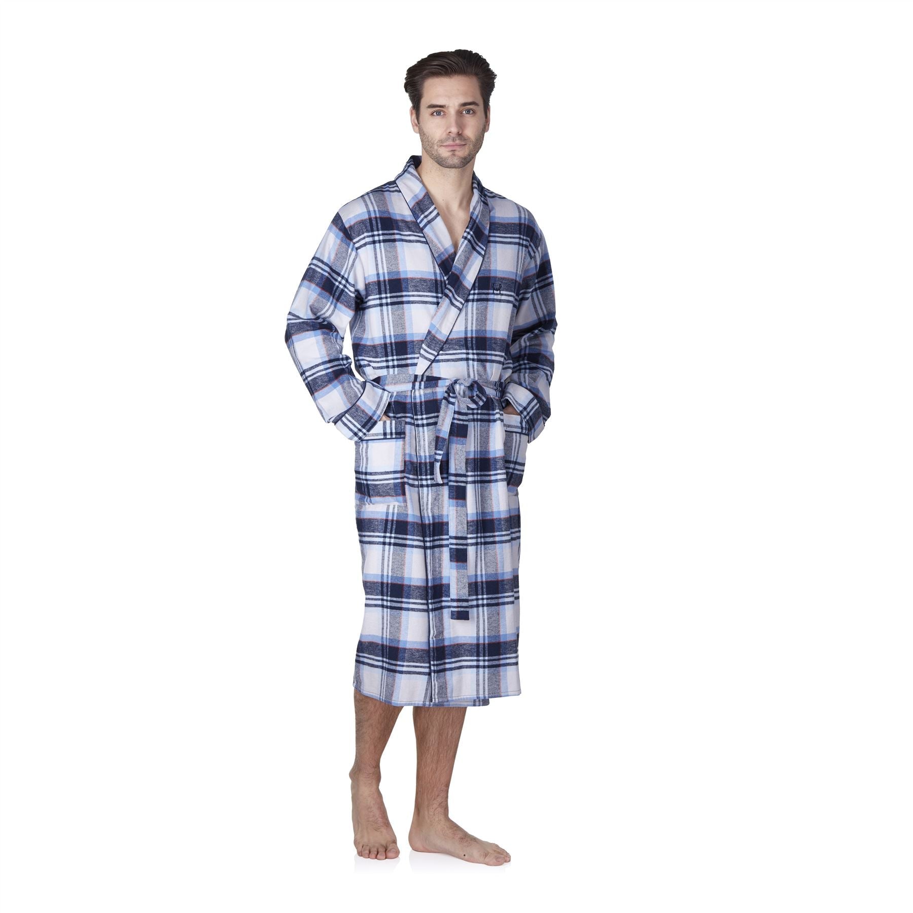 Haigman Mens Brushed Cotton Robe - Grey/Blue Check Haigman