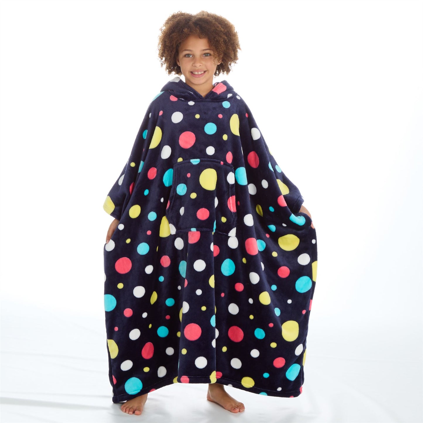 Huggable Hoodie Kids Fleece Oversized Poncho - Navy Spots