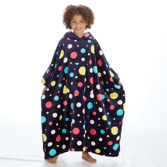 Huggable Hoodie Kids Fleece Oversized Poncho - Navy Spots