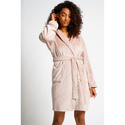 Loungeable Womens Satin Trim Fleece Hooded Robe - Mink