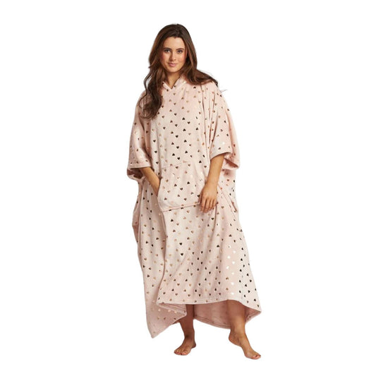 Loungeable Womens Foil Heart Long Luxury Fleece Hooded Poncho - Pink